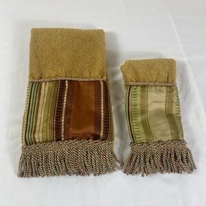 Gold Stripe Fringe Hand Towel Set with Earthy Accent Trim